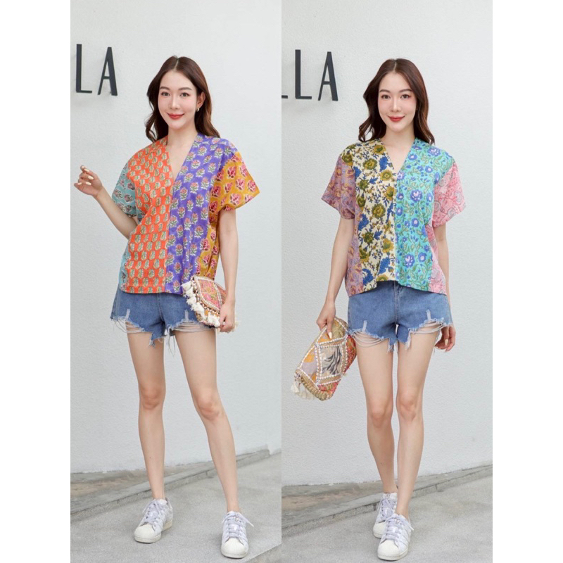 เสื้อคอตตอนอินเดีย แต่งผ้าสลับ 4 สี ทรงค้างคาวคอวี ป้าย Perfect Style