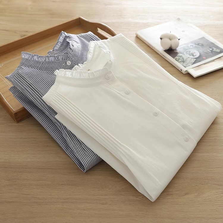 CV06 เสื้อเชิ้ตคอจีนระบายลายริ้วแขนยาว