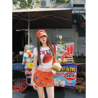 Rita พร้อมส่ง🍓🍇เสื้อครอป เสื้อยืดสีขาว Y2Kสุดฮิตผู้หญิงแขนสั้น พิมพ์ผลไม้ ทรงรัดรูป น่ารัก ใส่สบาย สไตล์สาวเกาห