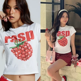 Rita พร้อมส่ง🍓🍇เสื้อครอป เสื้อยืดสีขาว Y2Kสุดฮิตผู้หญิงแขนสั้น พิมพ์ผลไม้ ทรงรัดรูป น่ารัก ใส่สบาย สไตล์สาวเกาห
