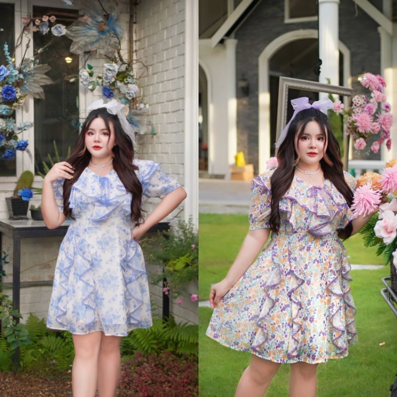 ชุดเดรสสาวอวบ เสื้อผ้าสาวอวบ ชุดเดรสน่ารักๆ พริ้วๆ ผ้า chiffon ลายดอกไม้สวยหวาน อก40-50นิ้ว (702)