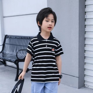 เสื้อสีดำลายเส้น เสื้อโปโลเด็กผู้ชาย ลายริ้ว ผ้าฝ้าย ใส่สบาย พร้อมส่งในไทย #22101