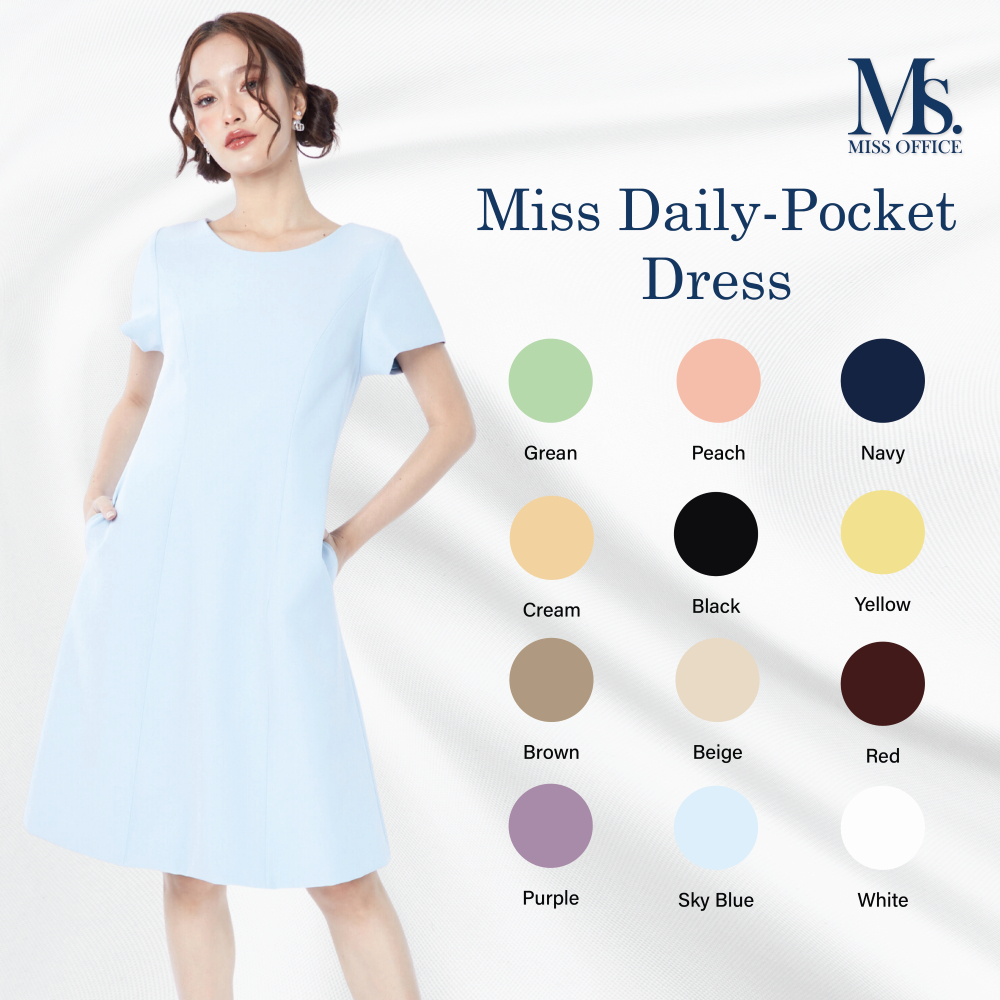 Miss Office (Best Seller) เดรสมีแขนคอกลมแต่งกระเป๋าข้าง (MD-004)