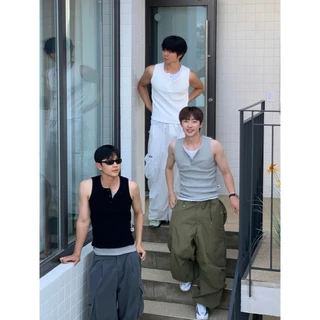 เสื้อกล้าม สีพื้น กระดุม 3 เม็ด ทรงเข้ารูป สไตล์เกาหลี ใส่ได้ทั้งผู้ชายและผู้หญิง B58