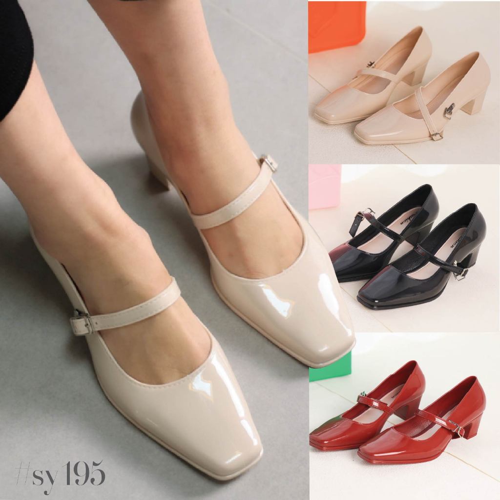 รองเท้าคัชชูหุ้มส้น หัวมน ส้นสูง 4.5cm หนัง น้ำหนักเบา มีสายรัดหัวเข็มขัด ใส่กระชับไม่บีบเท้า #sy195