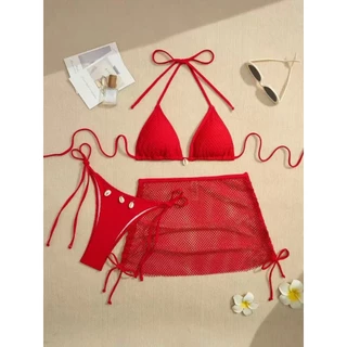ชุดว่ายน้ำ bikini ชุดบิกินี่ 3 ชิ้น sexy ผูกคอ ตกแต่งด้วยเปลือกหอย ไปเที่ยวทะเล มีฟองน้ำ#0858