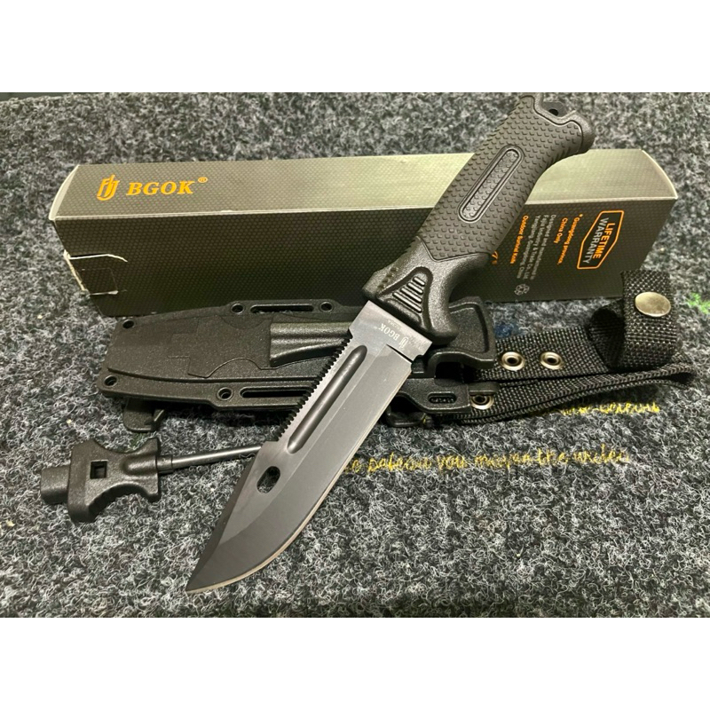 มีดพก มีดเดินป่า BGOK รุ่น 5238A พร้อมปลอกพลาสติกอย่างดีมีหินลับมีดแท่งจุดไฟ