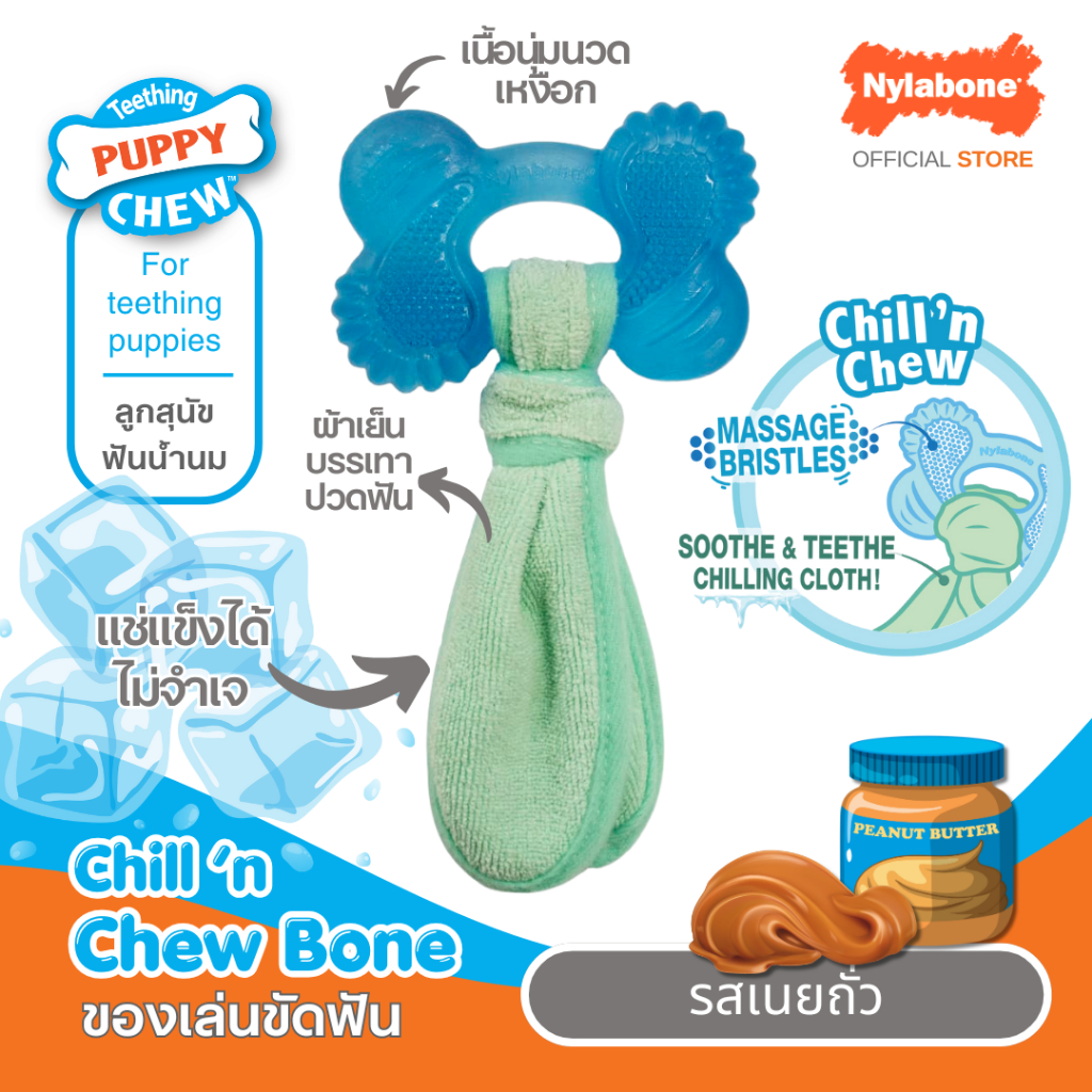 Nylabone Puppy Chill 'n Chew Freezer Dog Toy ยางกัดขัดฟันลูกสุนัข กระดูกพันผ้า เปลี่ยนสีเมื่อแช่แข็ง