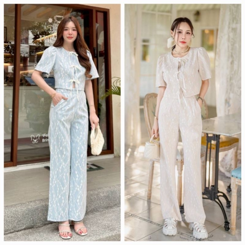 232 ครีมมีS,XL,3xl,4xl ฟ้ามีS,XL,3xl[ปกติ]เสื้อ18″กก41″เซตกางเกงขายาวลูกไม้ทรงเรียบหรู