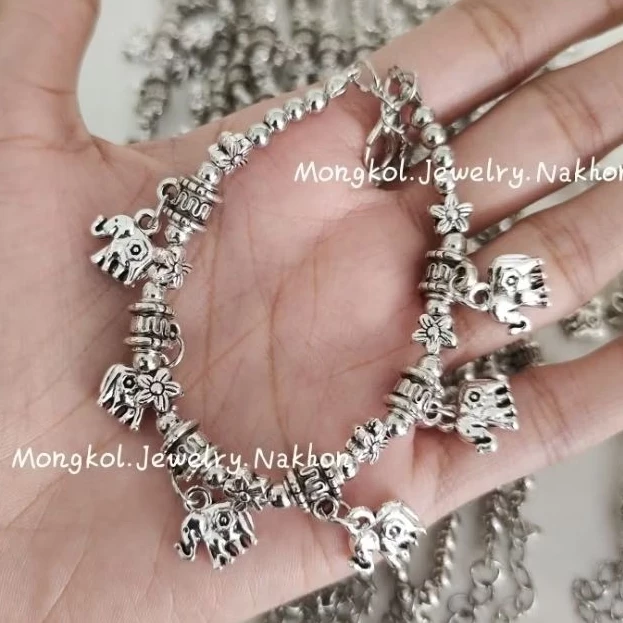 สร้อยข้อมือห้อยช้าง เงินล้วน สลับหินนำโชคสีต่างๆ