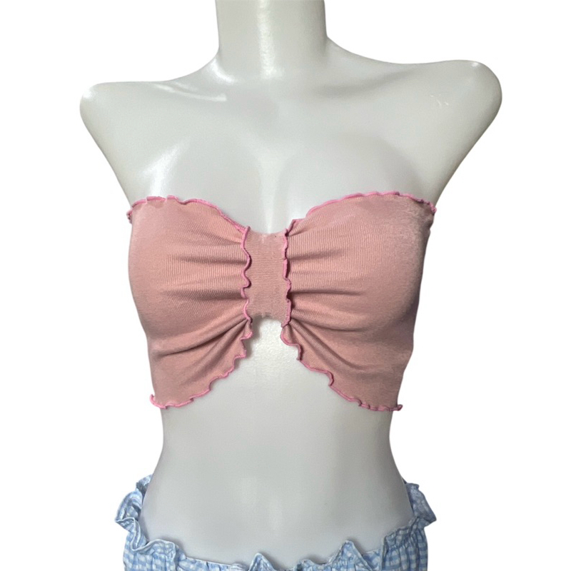 Sns393เสื้อเกาะอกโบว์แต่งขอบหยักชมพูผ้าร่องribอกไม่เกิน34“ รูปที่ 2