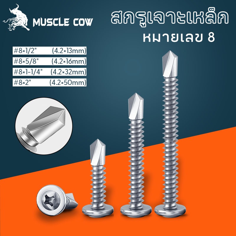 เบอร์ 8 สกรูปลายสว่าน มีให้เลือกหลายขนาด ถุงละ สกรูหัวร่ม ปลายสว่าน เจาะเหล็ก ยิงอลู เกลียวปล่อย WAF