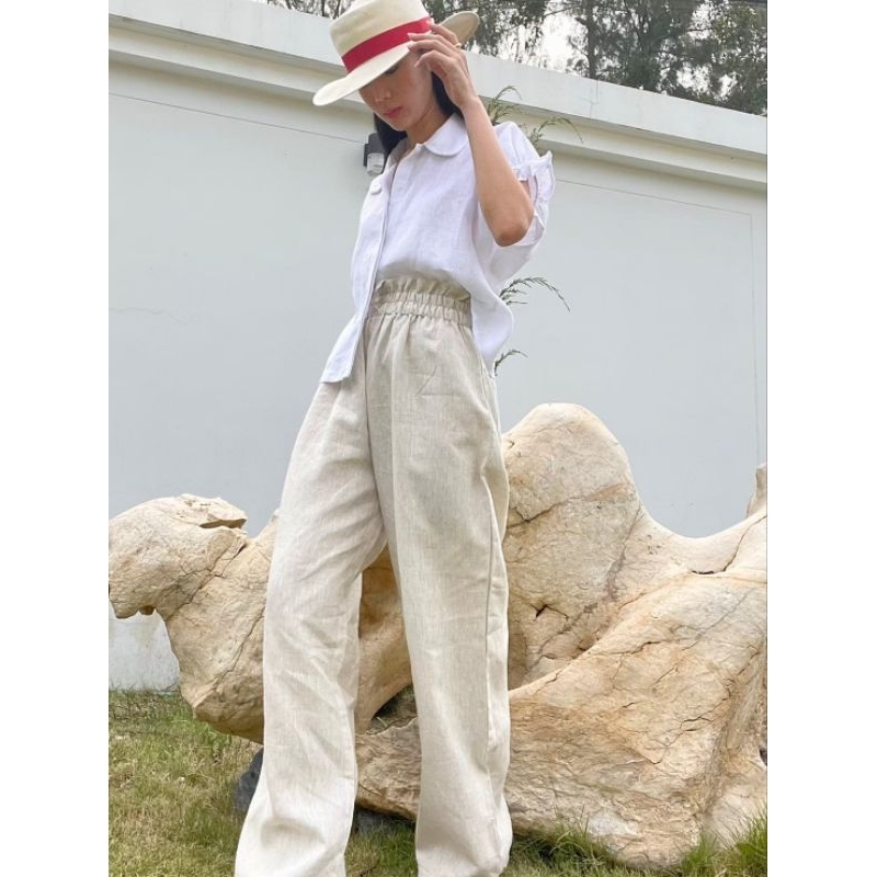 PLOWBRANDS กางเกงขากว้าง PL8008 Bloom​ pant กางเกงเอวยืด ขอบเอวหนาพรางหุ่นไม่มีซับใน ผ้าลินินแท้100% ใส่ชิลล์ สวยมีสไตล์