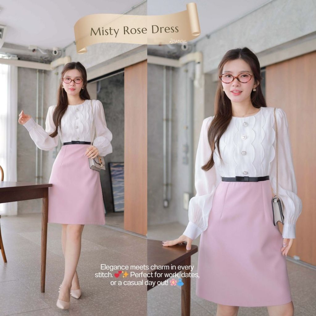 Romi"Oil" Misty Rose Dress (Pink) K132 ชุดเดรสสีชมพู (แขนยาวสีขาวแต่งเอวโบว์) (ตรวจสอบไซส์ก่อนสั่งนะคะ)