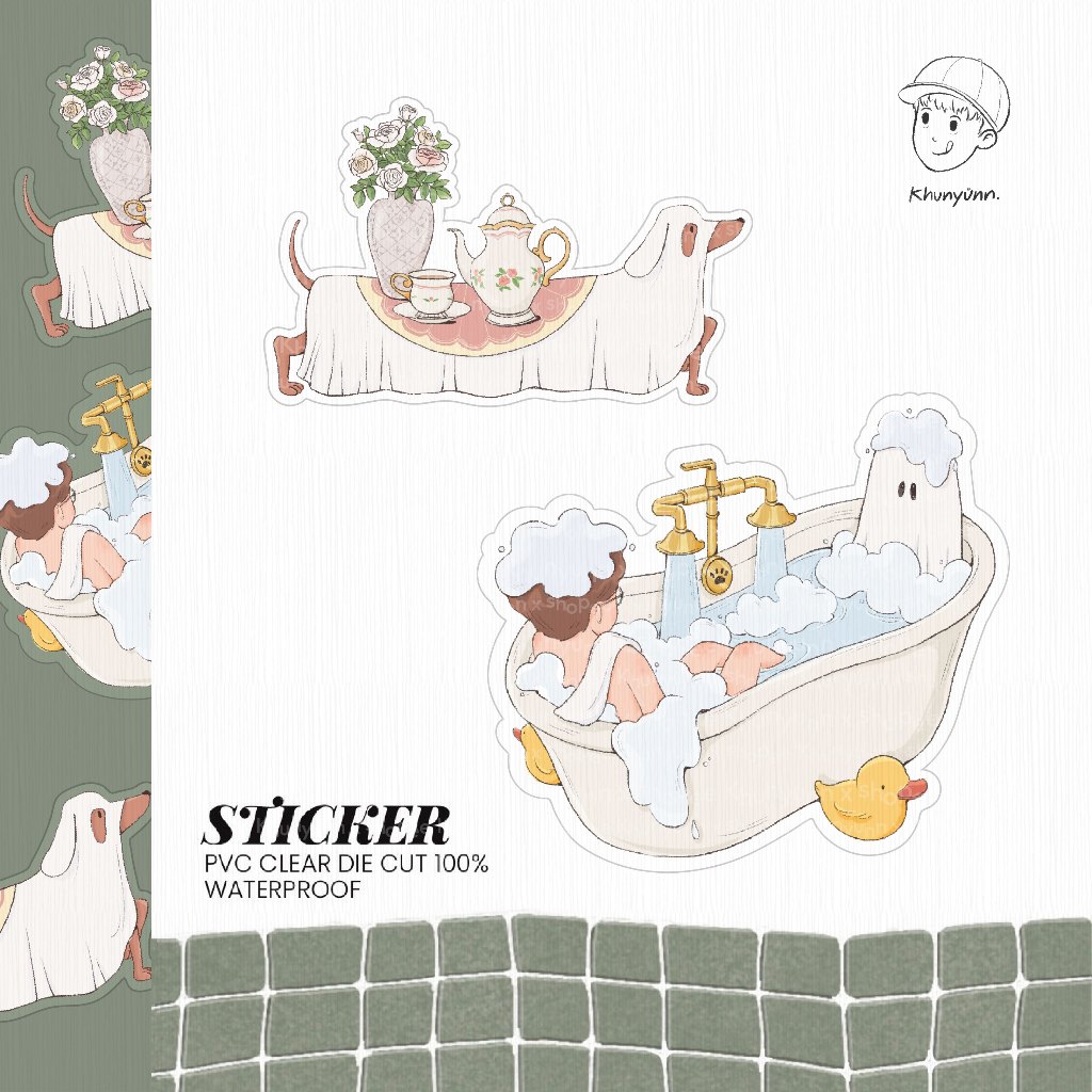 Sticker Dachshund and Bath time (khunyunn) สติ๊กเกอร์ไดคัท ขอบใส กันน้ำ