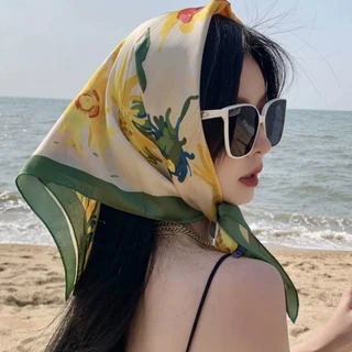 ผ้าพันคอซาติน Sea breeze (E06) ผ้าคลุมไหล่ ผ้าโพกศรีษะ【70x70 ซม】ผ้ามัดผมเกาหลี