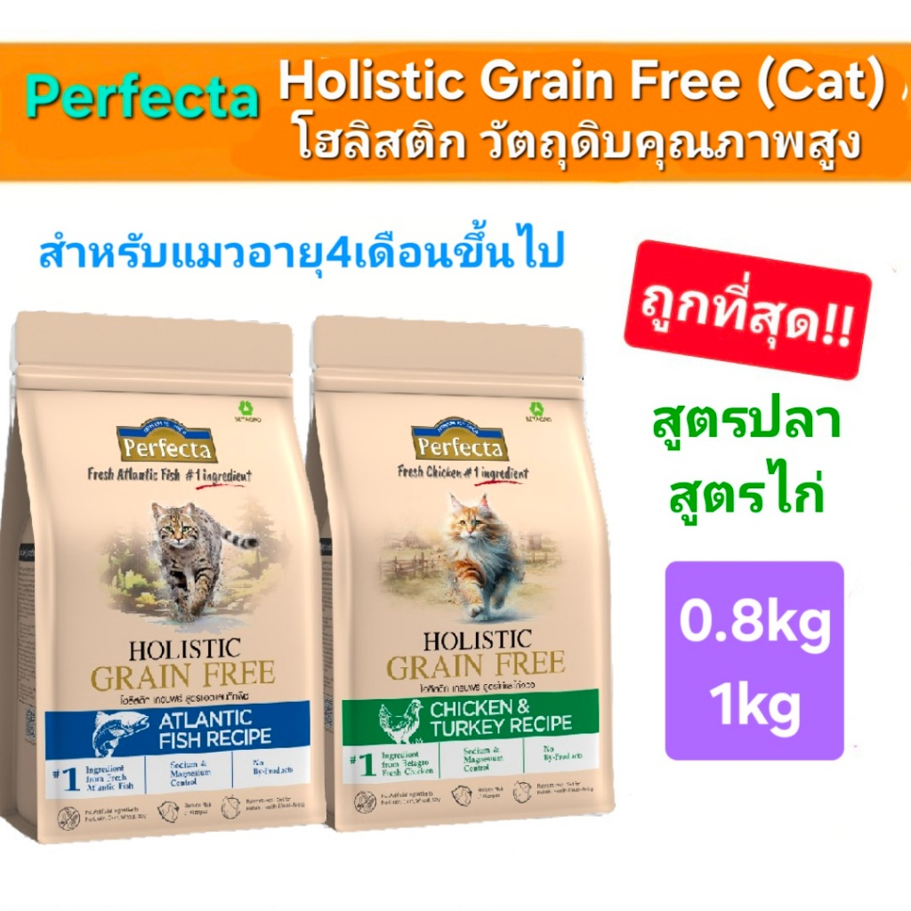 ใหม่ Perfecta Holistic Grain Free ไร้ธัญพืช Cat 0.8kg 1kg เพอร์เฟคต้า โฮลิสติก อาหารแมว วัตถุดิบพิเศษ สูตรไก่ สูตรปลา