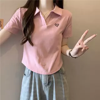 เสื้อโปโลครอปท็อป ผู้หญิง แขนสั้น สีพื้นเรียบ