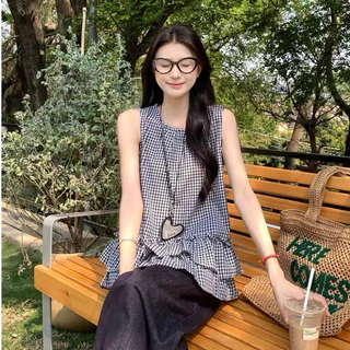 🌻MKL🌻 เสื้อเชิ๊ตลายสก๊อต แขนกุด แฟชั่นฤดูร้อน สำหรับผู้หญิง ทรงหลวมใส่สบาย มี2สีให้เลือก #3021