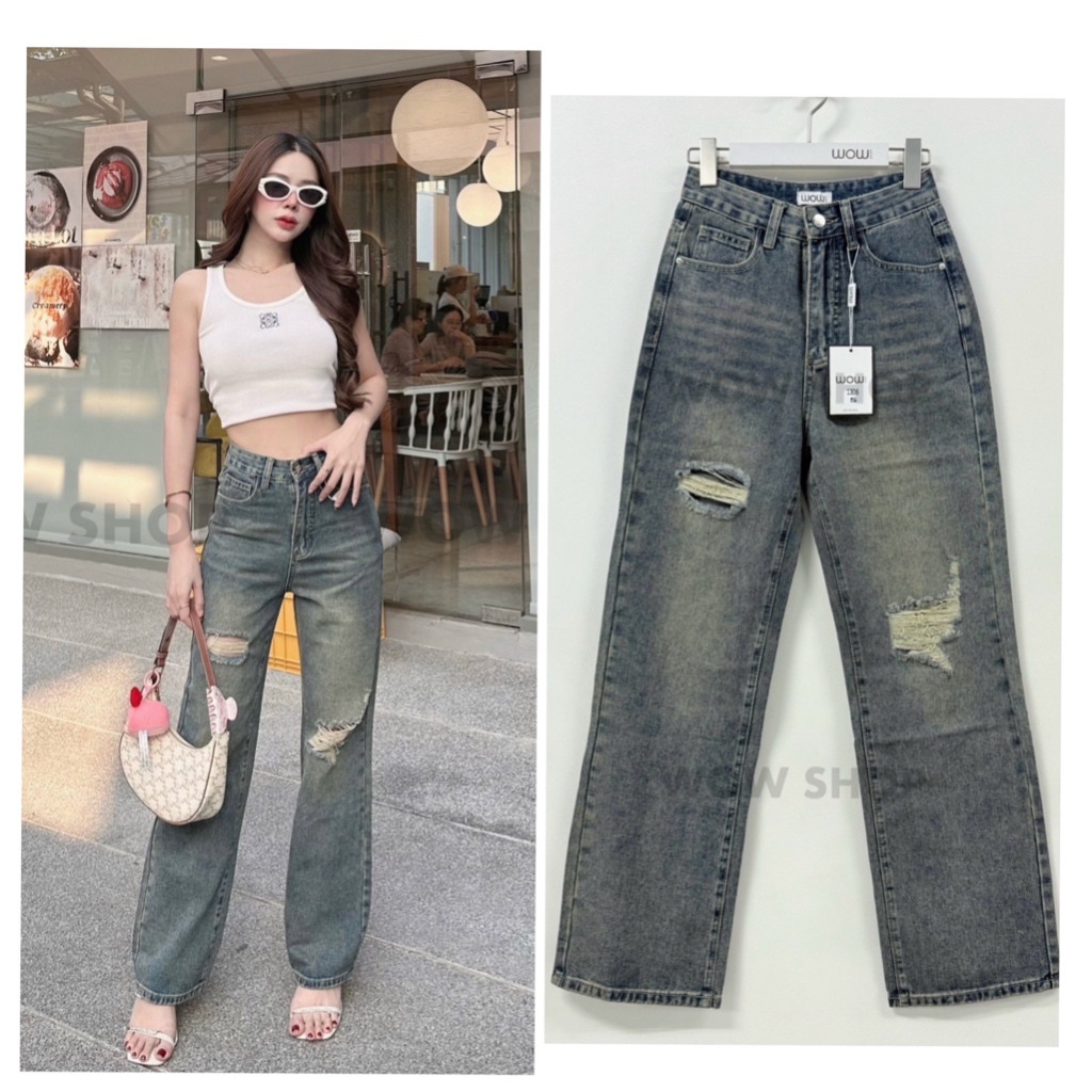 กางเกงยีนส์ผู้หญิง ทรงขากระบอกเล็ก ผ้าไม่ยืด สีฟอกสนิมสวยมาก แต่งขาดหน้าขาสองข้างเก๋ๆ (WOW1306)
