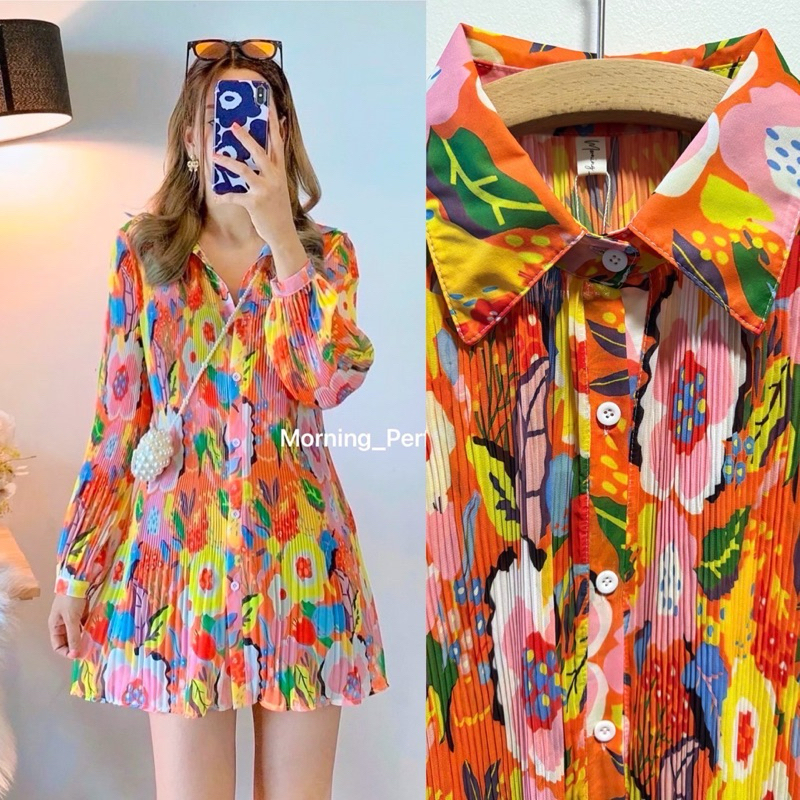 มินิเดรสอัดพลีท เดรสสั้น ผ้าชีฟอง ลายดอกไม้ ลายกราฟฟิก เกาหลีสุดๆ สาวอวบใส่ได้ - รูปที่ 2