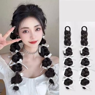 วิกผมหางม้าถัก Y2K สองชิ้นสไตล์หวาน วิกผมหางม้าคู่พร้อมโบว์ต…