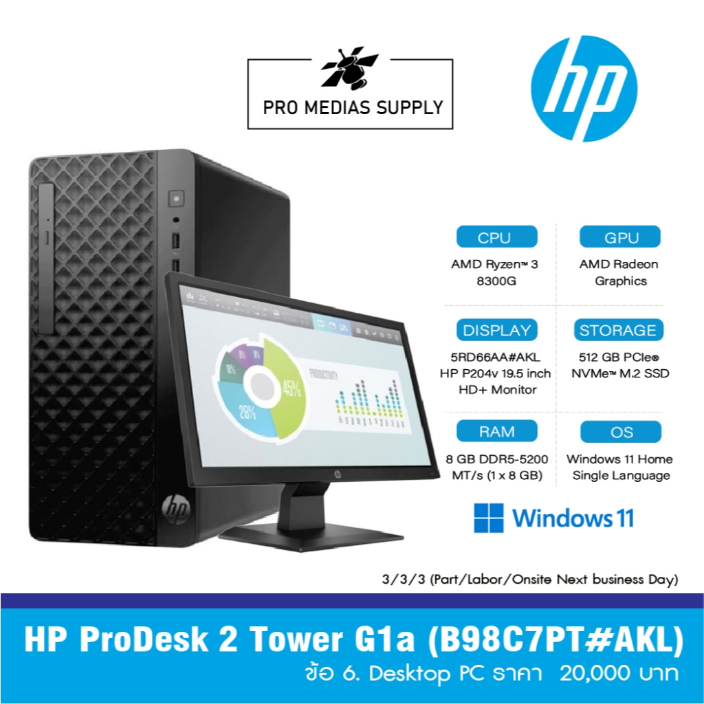 HP ProDesk 2 Tower G1a (B98C7PT#AKL) ข้อ 6. Desktop PC ราคา  20,000 บาท