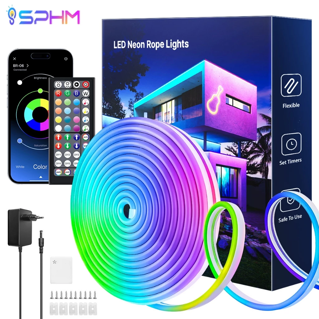 ไฟเส้นLED นีออนแถบแสง APP+รีโมทคอนโทรล Neon Strip Light เครื่องหมายนีออนของ ไฟบ้านได้เลย กันน้ำทนทาน