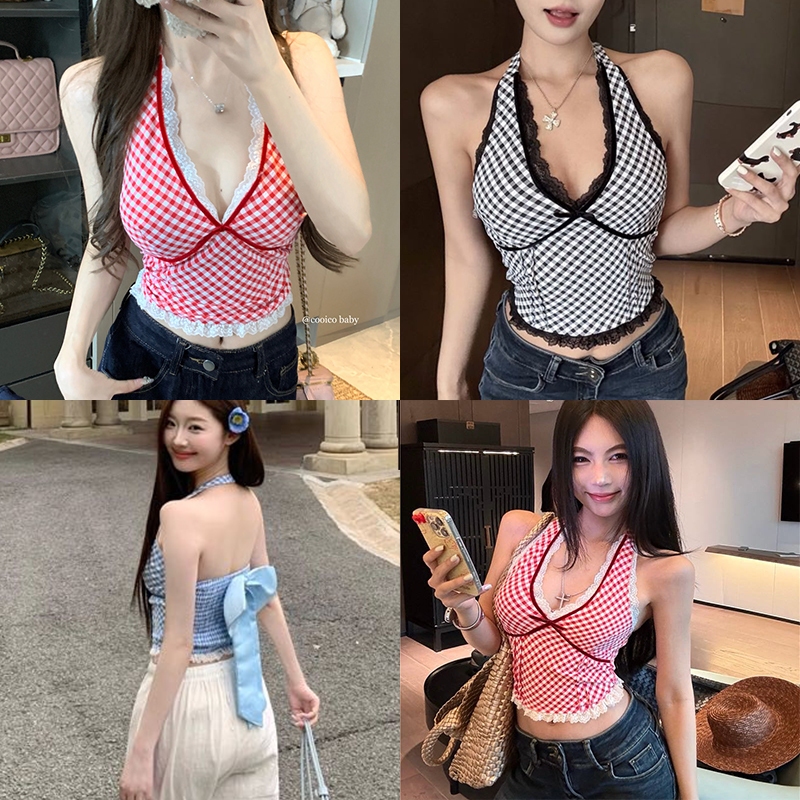 Rita พร้อมส่ง🎀เสื้อคล้องคอ เสื้อครอปลายสก๊อต แต่งลูกไม้Y2K ผูกโบว์ใหญ่ด้านหลัง สม็อคหลังแหวกหน้า น่ารักแซ่บๆ สไตล์เกาหลี