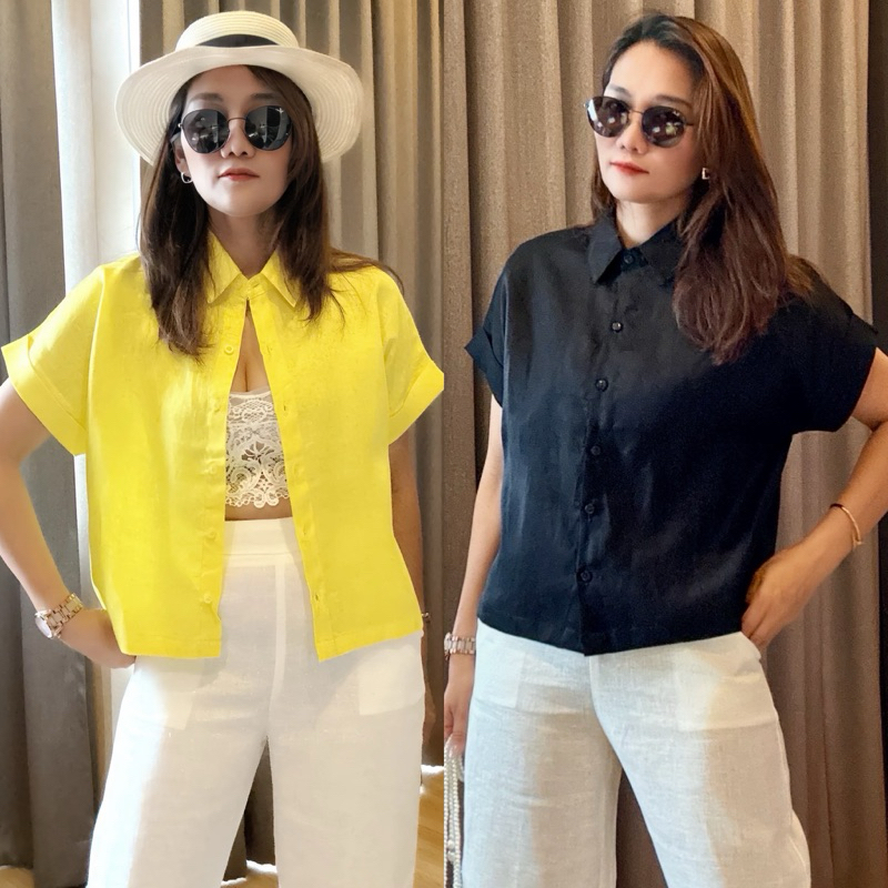 เสื้อลินินแท้แขนสั้นจีบหลังงานขึ้นห้างลินินแท้100