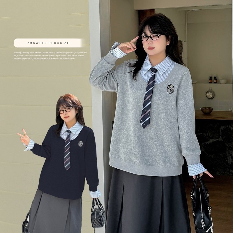 [  อกถึง 55″ ] : PMP2407 : พรีออเดอร์ เสื้อสเวตเตอร์ไซส์ใหญ่ตัดต่อเสื้อเชิ้ตลายทางคล้ายเซตสองชิ้น