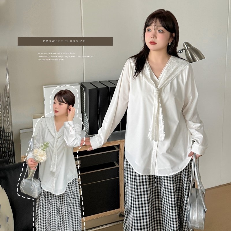 [ 🔥อกถึง 53" ] : PMP2409 : พรีออเดอร์ เสื้อเชิ้ตคอปกลูกไม้เนื้อนิ่มไซส์ใหญ่ ทรงหลวม สไตล์เกาหลี