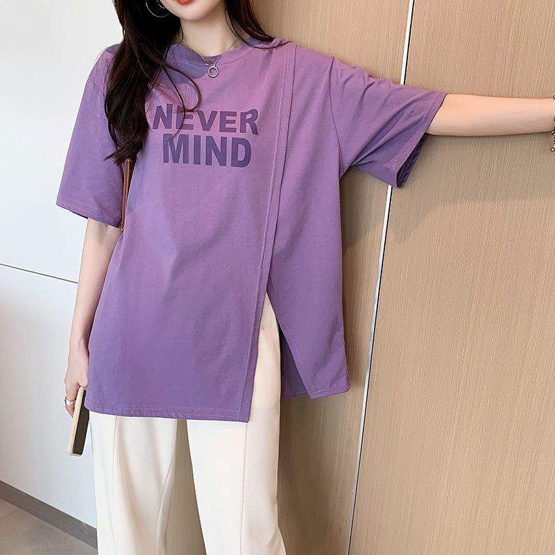 เสื้อยืดแขนสั้นผู้หญิงแฟชั่นฤดูร้อนมาใหม่ ผ่าข้าง oversize เสื้อผ้าสาวอวบไซส์ใหญ่สวยๆ เสื้อโอเวอร์ไซส์ทรงหลวมสไตล์เกาหลี