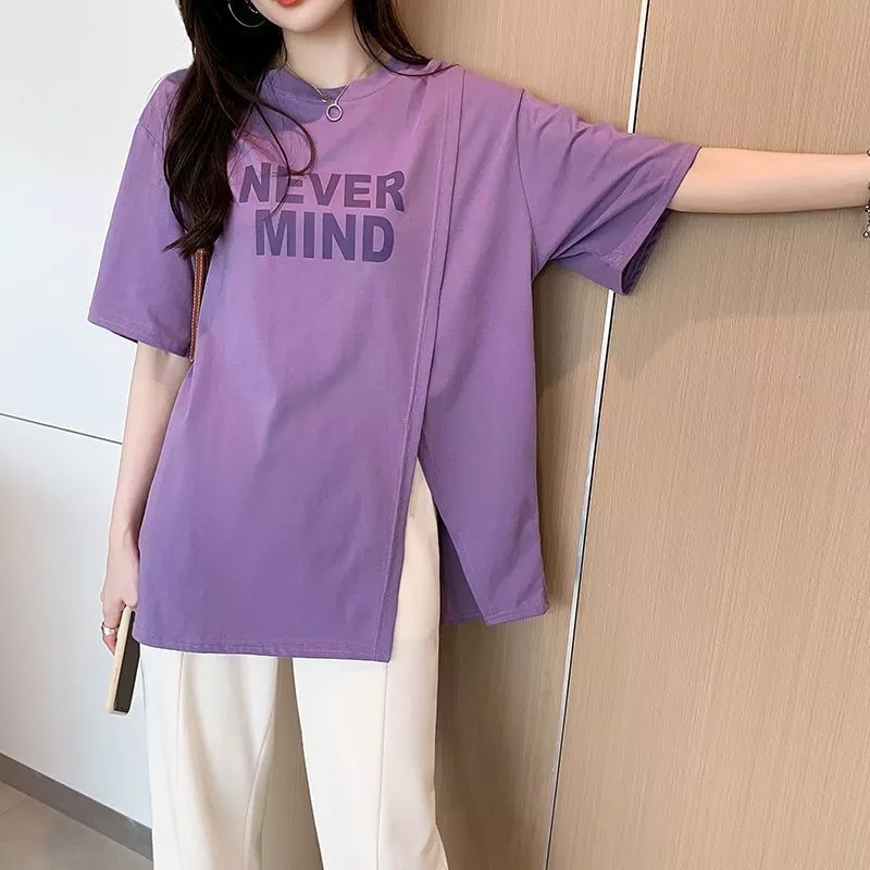 เสื้อยืดแขนสั้นผู้หญิงแฟชั่นฤดูร้อนมาใหม่ ผ่าข้าง oversize เสื้อผ้าสาวอวบไซส์ใหญ่สวยๆ เสื้อโอเวอร์ไซส์ทรงหลวมสไตล์เกาหลี