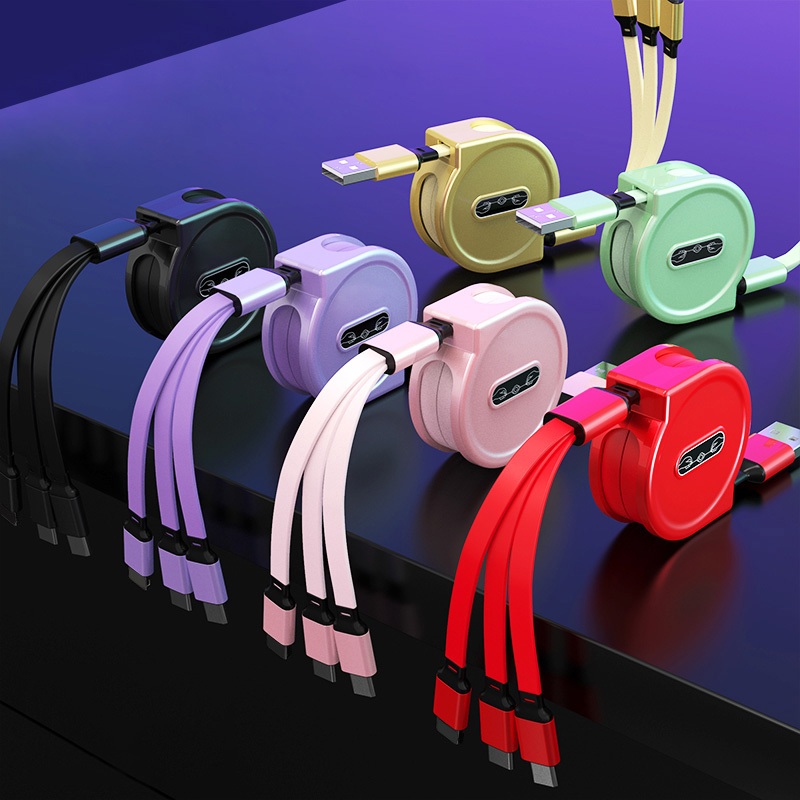 🔥ส่งจากไทย🔥สายชาร์จ USB แบบยืดหดได้ 3-in-1 สายชาร์จเร็วอเนกประสงค์ Macaron เหมาะสำหรับที่วางโทรศัพท์แบบ Micro/Type-C