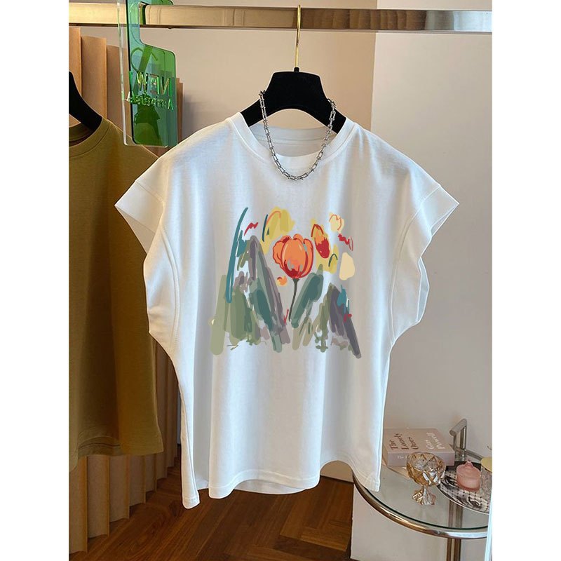 เสื้อแขนกุดลําลองทรงหลวมสไตล์เกาหลีน่ารัก oversize เสื้อผ้าสาวอวบแฟชั่นฤดูร้อนใหม่ เสื้อยืดสวยๆผู้หญิงที่กําลังฮิตวินเทจ
