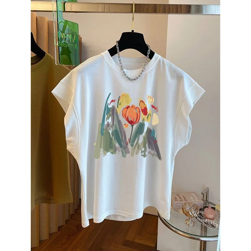 เสื้อแขนกุดลําลองทรงหลวมสไตล์เกาหลีน่ารัก oversize เสื้อผ้าสาวอวบแฟชั่นฤดูร้อนใหม่ เสื้อยืดสวยๆผู้หญิงที่กําลังฮิตวินเทจ