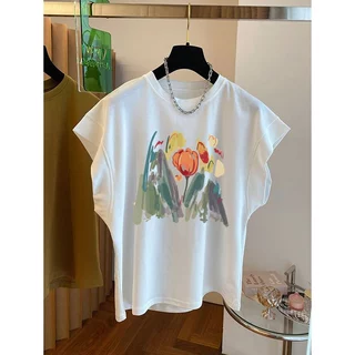 เสื้อแขนกุดลําลองทรงหลวมสไตล์เกาหลีน่ารัก oversize เสื้อผ้าสาวอวบแฟชั่นฤดูร้อนใหม่ เสื้อยืดสวยๆผู้หญิงที่กําลังฮิตวินเทจ
