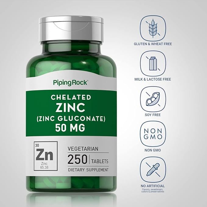 Zinc 50 mg 250 เม็ด ลดสิว ผมร่วง บำรุงผม เล็บ สายตา ซิงค์ สังกะสี เสริมภูมิ Pipingrock