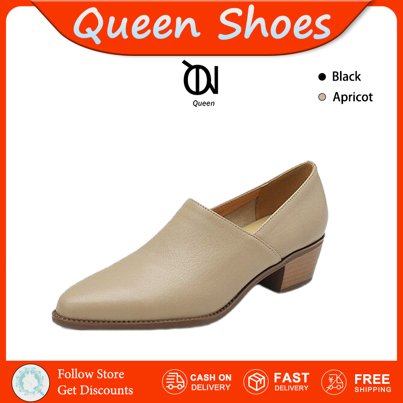 Queen รองเท้าหนังแท้/รองเท้าคัทชู หัวตัด ส้น 4 ซม รองเท้าใส่ทำงาน ใส่สบาย น้ำหนักเบา