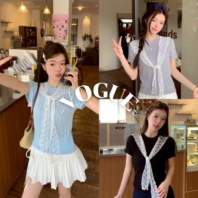 Vogue🌟พร้อมส่ง🌟 เสื้อยืดไหมพรมแขนสั้น คอกลม ดีเทลแถวผ้าผูกลายลูกไม้ (W-Q021)