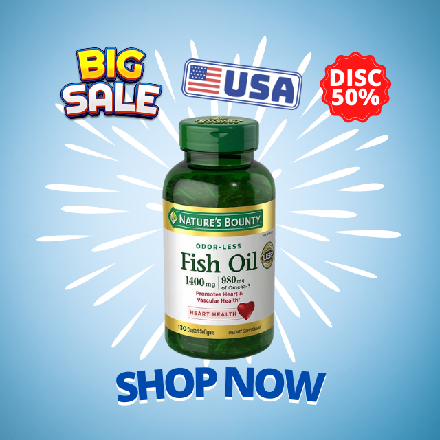 Vitamins imported from America, 100% Nature’s Bounty Fish Oil, 1400mg, 980mg of Omega-3,มี130ซอฟเจล 