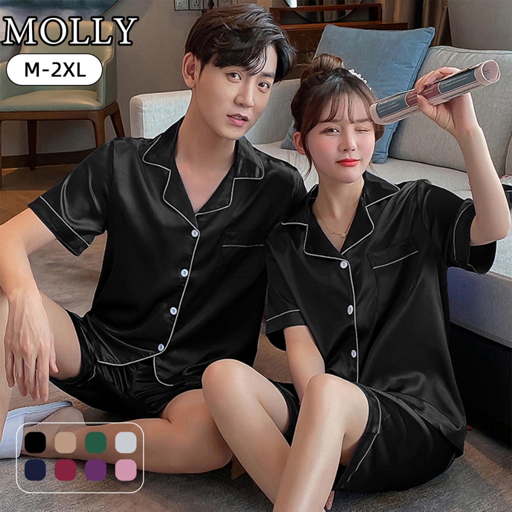 molly ชุดนอนแขนสั้นผ้าไหมเทียมสำหรับผู้ชายและผู้หญิง ชุดนอนสองชิ้นแบบบาง ขนาดใหญ่