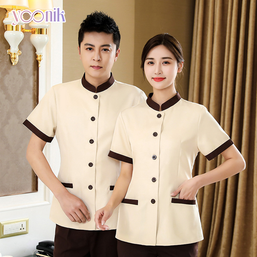 เสื้อยูนิฟอร์มพนักงานเสิร์ฟ ชุดพนักงานทำความสะอาด ชุดพนักงานเสริฟ โรงแรม คอจีน แขนสั้น ชาย/หญิง