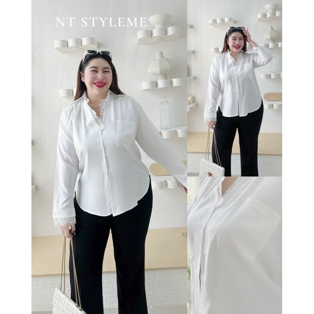 เสื้อเชิ้ตคอปกสาวอวบแต่งชายลูกไม้ เสื้อB+ สาวอวบ อก48-52“