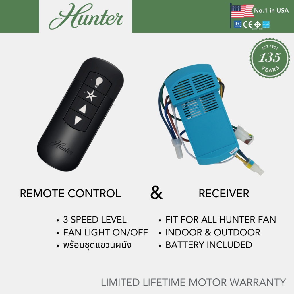 Hunter Fan ชุดรีโมทพัดลมเพดาน รุ่นใหม่ สีดำ ขนาด 12cm L X 5cm
