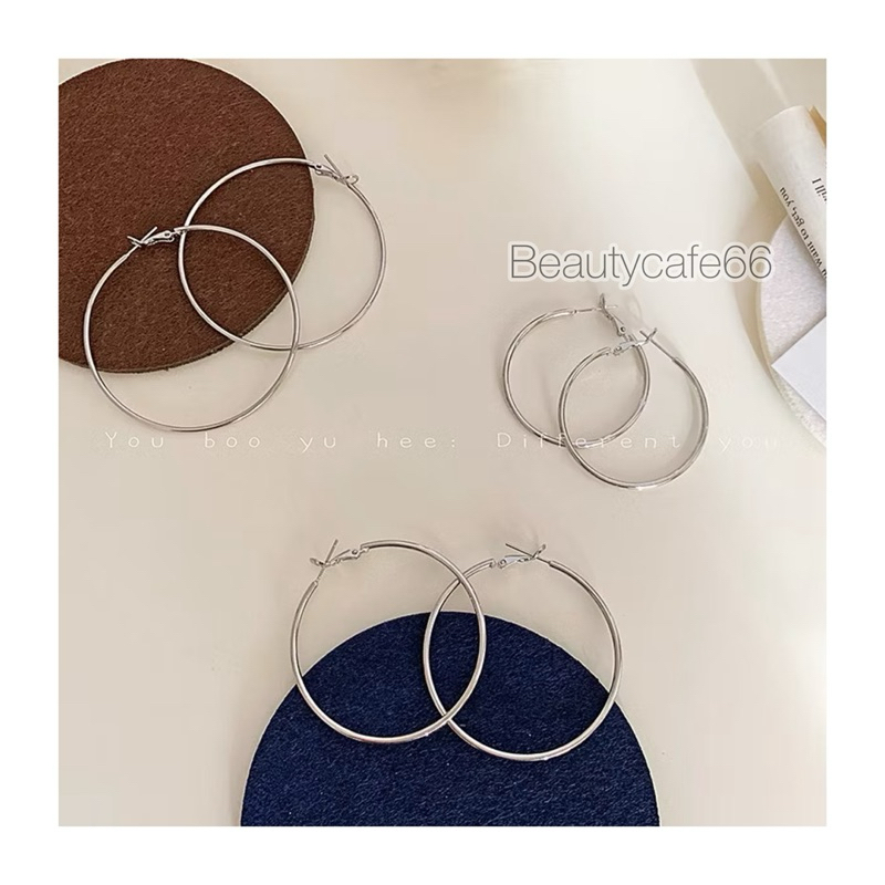 (Hoop1) ต่างหูห่วงเงิน ขนาด 40,50,60 mm. เงินชุบ เบาสบาย Hoop earrings ต่างหูเงิน
