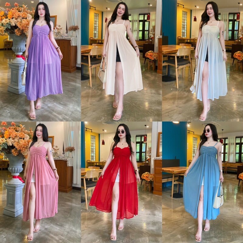 TT18925 Set 2 ชิ้น เสื้อสายเดี่ยวผ่าหน้า ตัวยาว  กางเกงขาสั้น