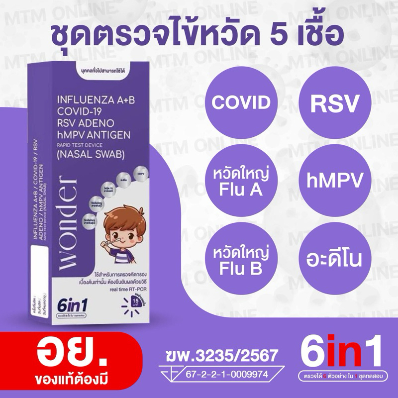 ชุดตรวจไข้หวัด 6 เชื้อ hMPV อะดีโน RSV หวัดใหญ่ab [1กล่อง] 6in1 Wonder วันเดอร์ ตรวจไข้หวัดใหญ่โควิด