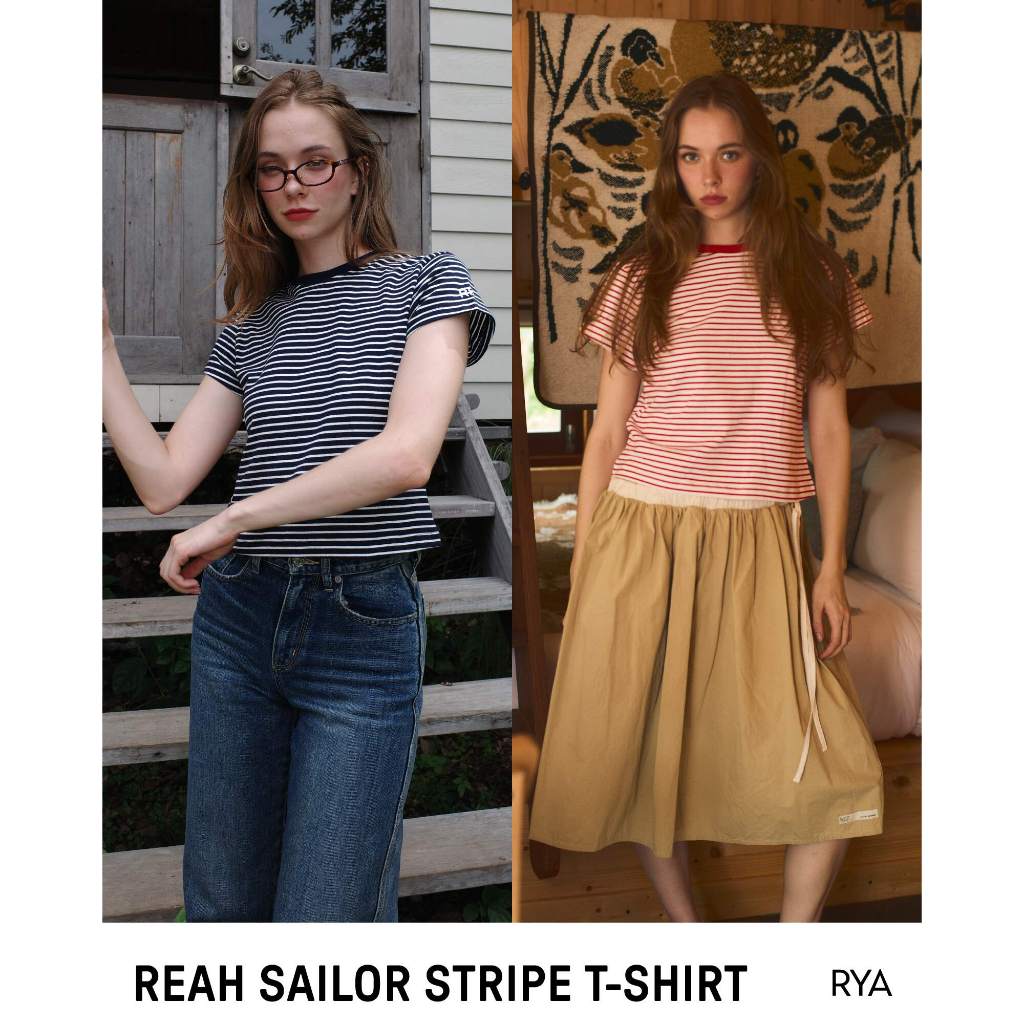 RYA Reah Sailor Stripe T-Shirt เสื้อยืด ทรงพอดีตัว Baby T-shirt แขนบาน ลายทาง ปักโลโก้